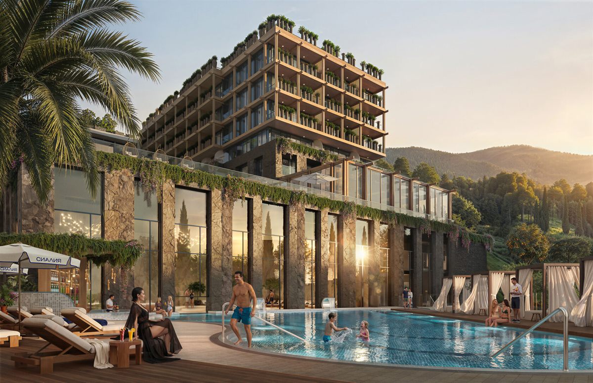 Sialia Resort 5* — бассейн у фасада комплекса